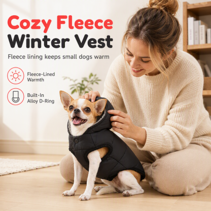 Hooded Dog Coat – Windproof Outer Layer, Thick Polar Fleece Lining & Built-In Harness Ring – Cozy Winter Protection
