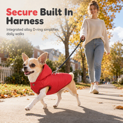 Hooded Dog Coat – Windproof Outer Layer, Thick Polar Fleece Lining & Built-In Harness Ring – Cozy Winter Protection