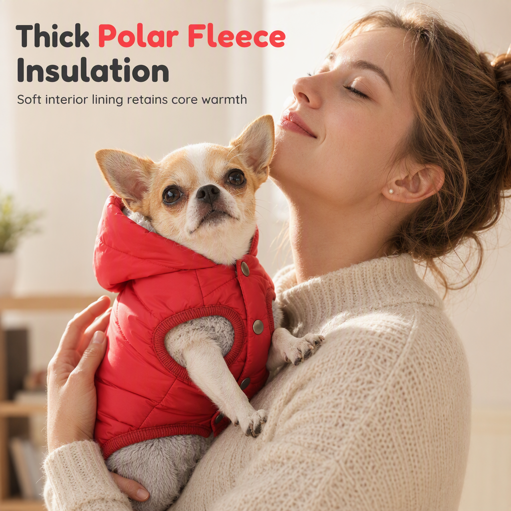 Hooded Dog Coat – Windproof Outer Layer, Thick Polar Fleece Lining & Built-In Harness Ring – Cozy Winter Protection