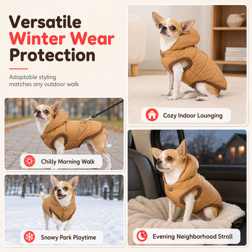 Hooded Dog Coat – Windproof Outer Layer, Thick Polar Fleece Lining & Built-In Harness Ring – Cozy Winter Protection