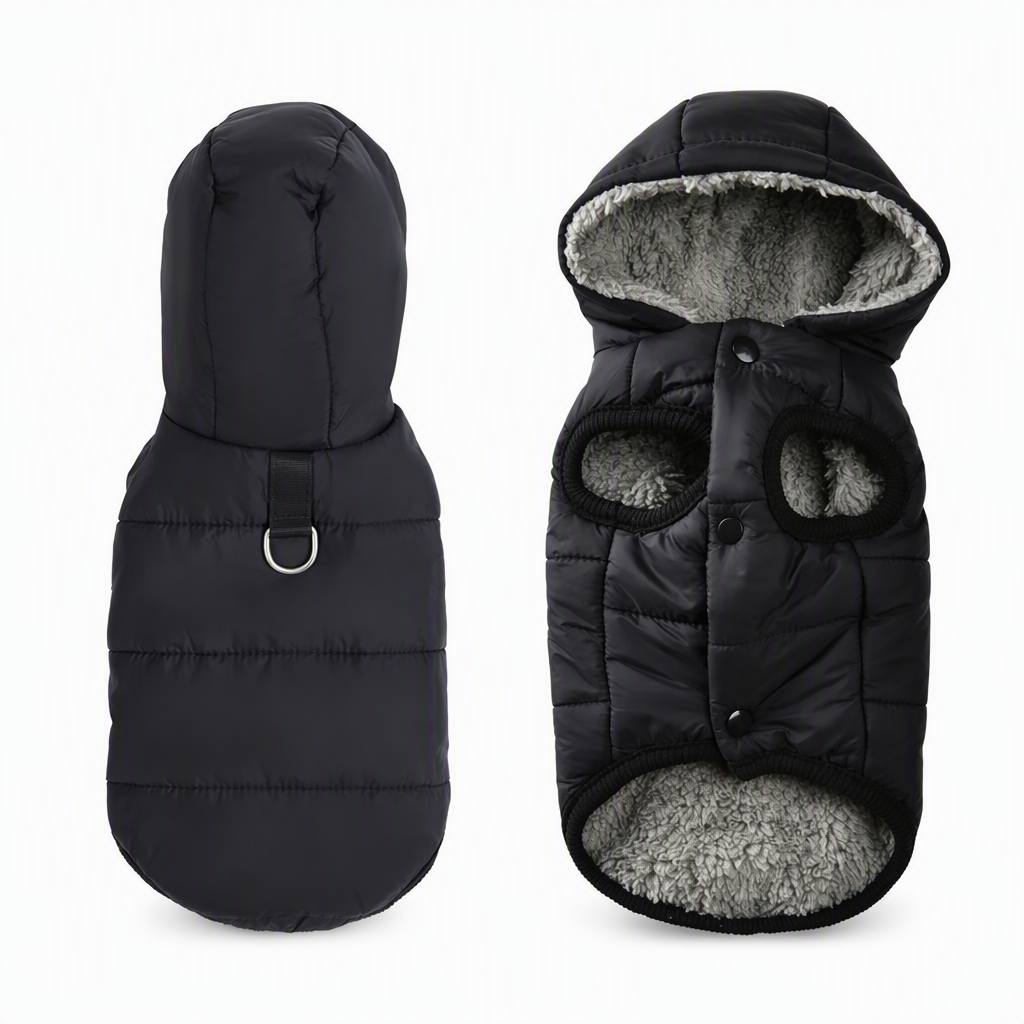 Hooded Dog Coat – Windproof Outer Layer, Thick Polar Fleece Lining & Built-In Harness Ring – Cozy Winter Protection