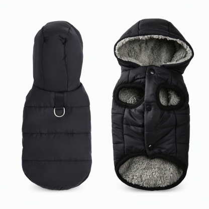 Hooded Dog Coat – Windproof Outer Layer, Thick Polar Fleece Lining & Built-In Harness Ring – Cozy Winter Protection