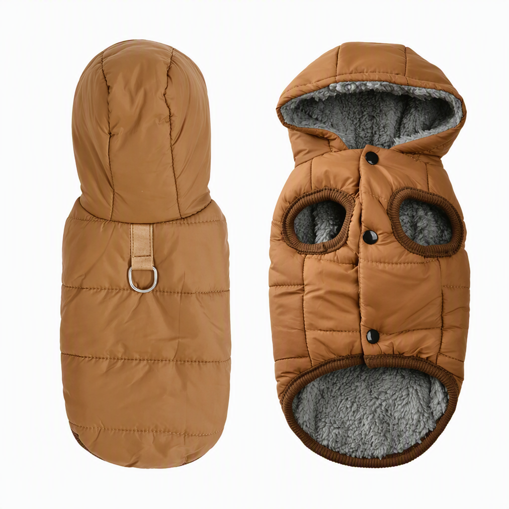 Hooded Dog Coat – Windproof Outer Layer, Thick Polar Fleece Lining & Built-In Harness Ring – Cozy Winter Protection