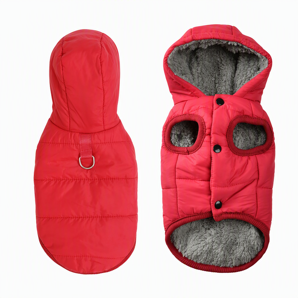 Hooded Dog Coat – Windproof Outer Layer, Thick Polar Fleece Lining & Built-In Harness Ring – Cozy Winter Protection