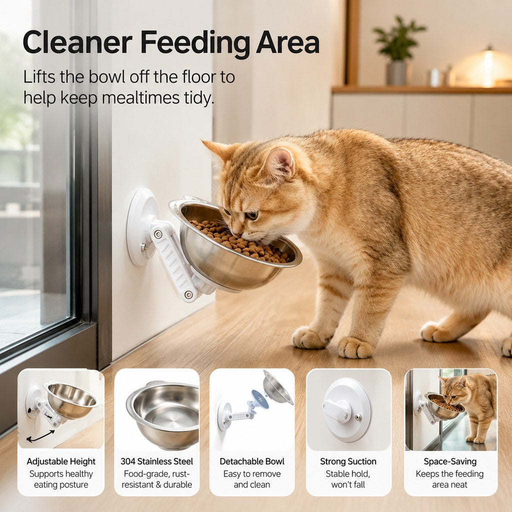 No-Drill Wall-Mounted Pet Bowl for Small Dogs & Cats - Elevated Feeding for Cleaner Floors