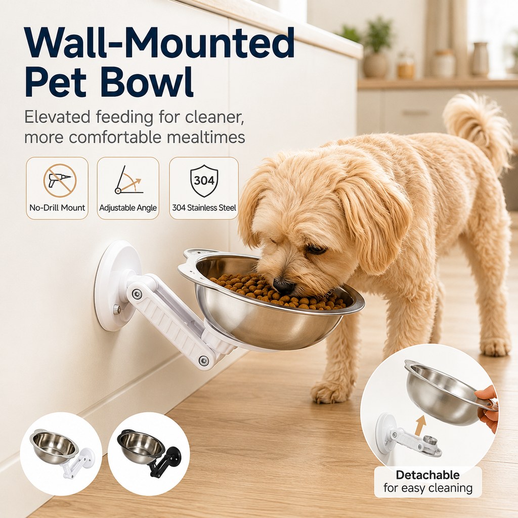 No-Drill Wall-Mounted Pet Bowl for Small Dogs & Cats - Elevated Feeding for Cleaner Floors