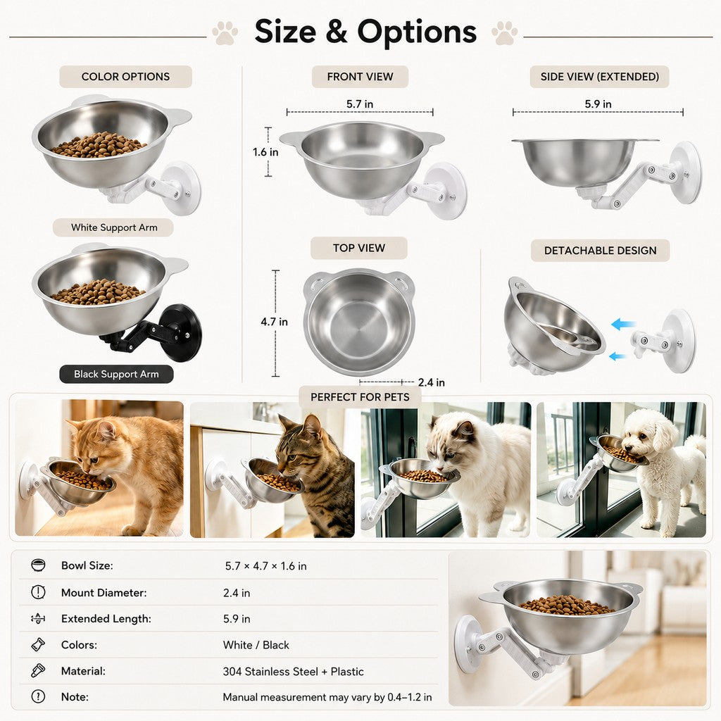 No-Drill Wall-Mounted Pet Bowl for Small Dogs & Cats - Elevated Feeding for Cleaner Floors