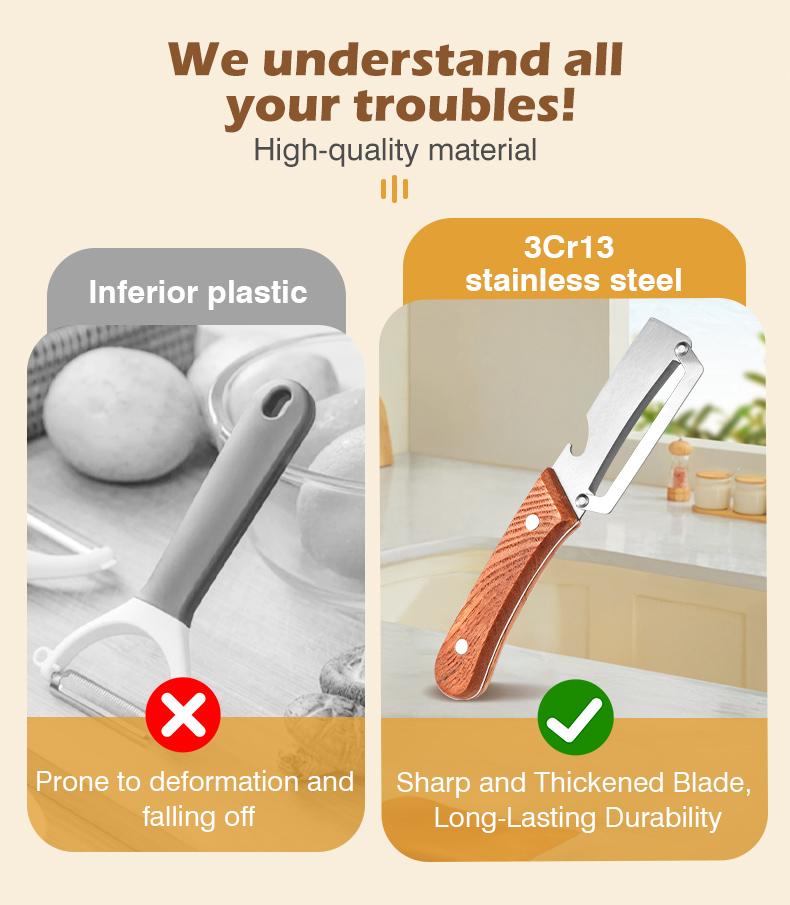 Wooden-Handled Stainless Steel Sharp Peeler with Built-In Bottle Opener for Fruits & Vegetables Ergonomic Non-Slip Handle Long-Lasting Construction Essential Kitchen Tool