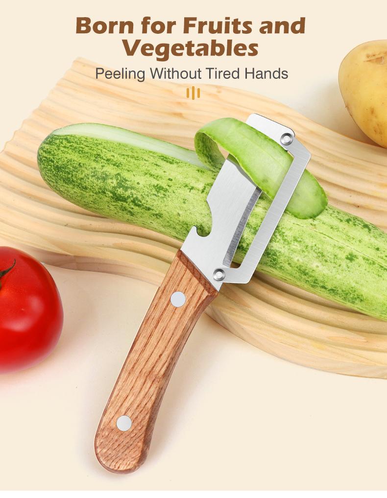 Wooden-Handled Stainless Steel Sharp Peeler with Built-In Bottle Opener for Fruits & Vegetables Ergonomic Non-Slip Handle Long-Lasting Construction Essential Kitchen Tool