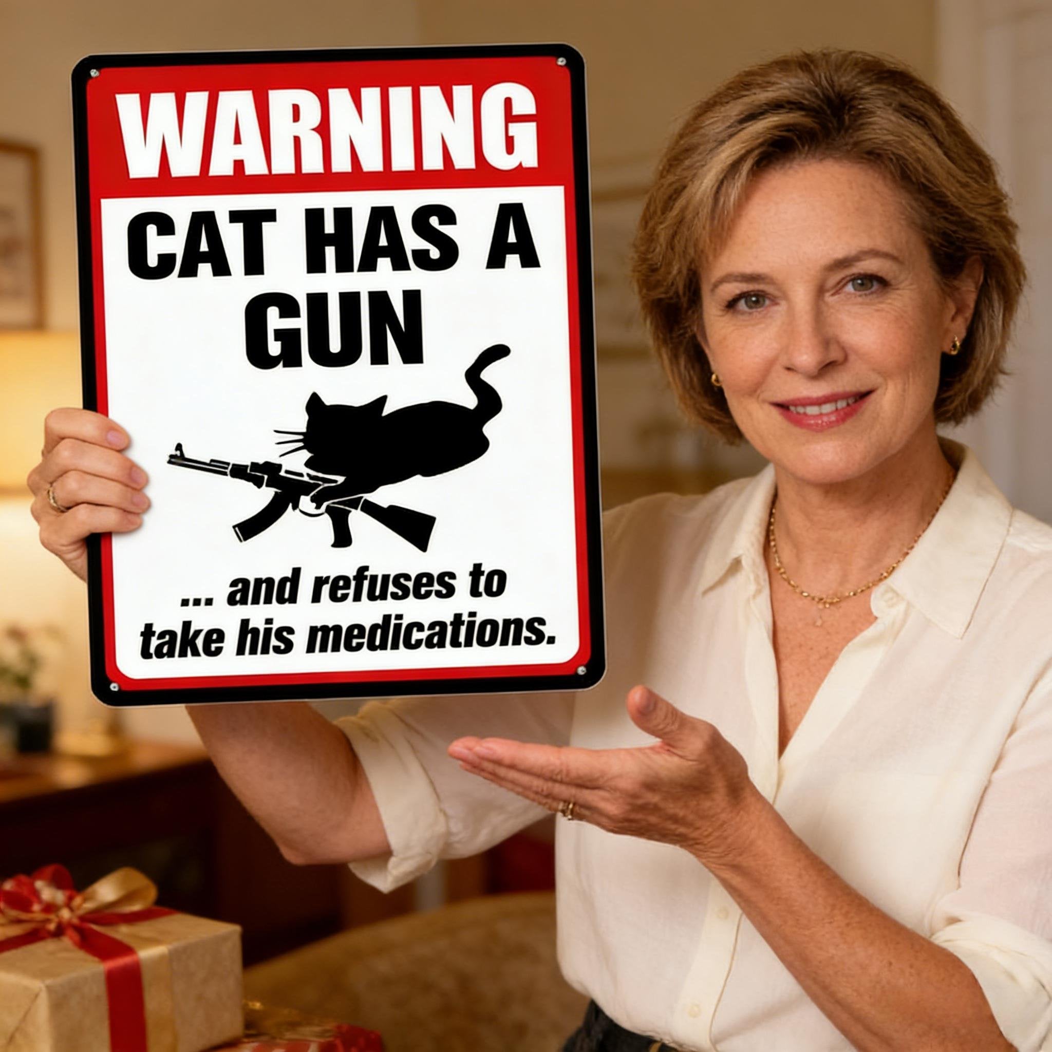 Funny "Cat & Dog Has a Gun & Won't Take Meds" Aluminum Sign