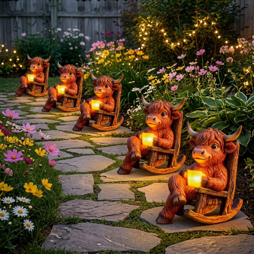 Highland Cow Rocking Chair Garden Night Light