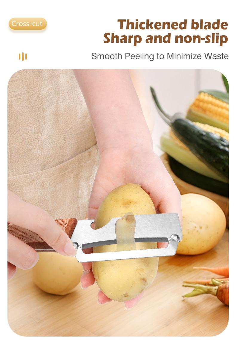 Wooden-Handled Stainless Steel Sharp Peeler with Built-In Bottle Opener for Fruits & Vegetables Ergonomic Non-Slip Handle Long-Lasting Construction Essential Kitchen Tool