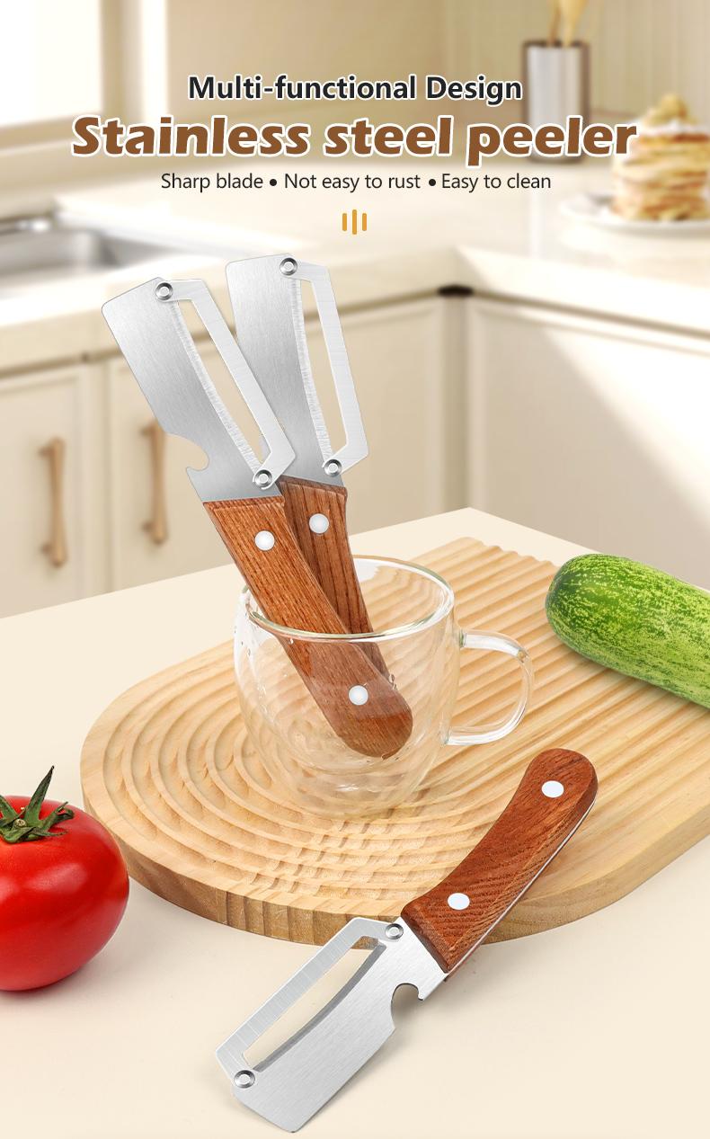 Wooden-Handled Stainless Steel Sharp Peeler with Built-In Bottle Opener for Fruits & Vegetables Ergonomic Non-Slip Handle Long-Lasting Construction Essential Kitchen Tool