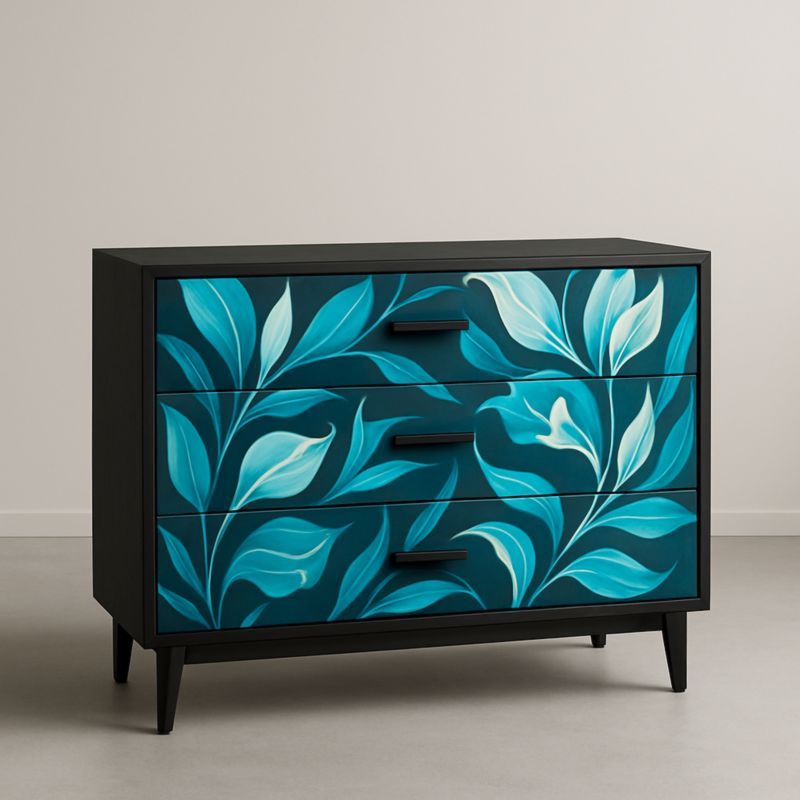 Commode en MDF à 3 tiroirs avec motif floral noir et bleu