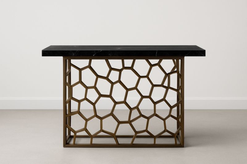 Console marbre noir et métal doré géométrique
