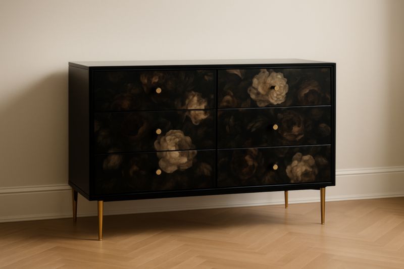 Commode en Bois et Métal Noir à Motifs Floraux 6 Tiroirs 120x45x80cm