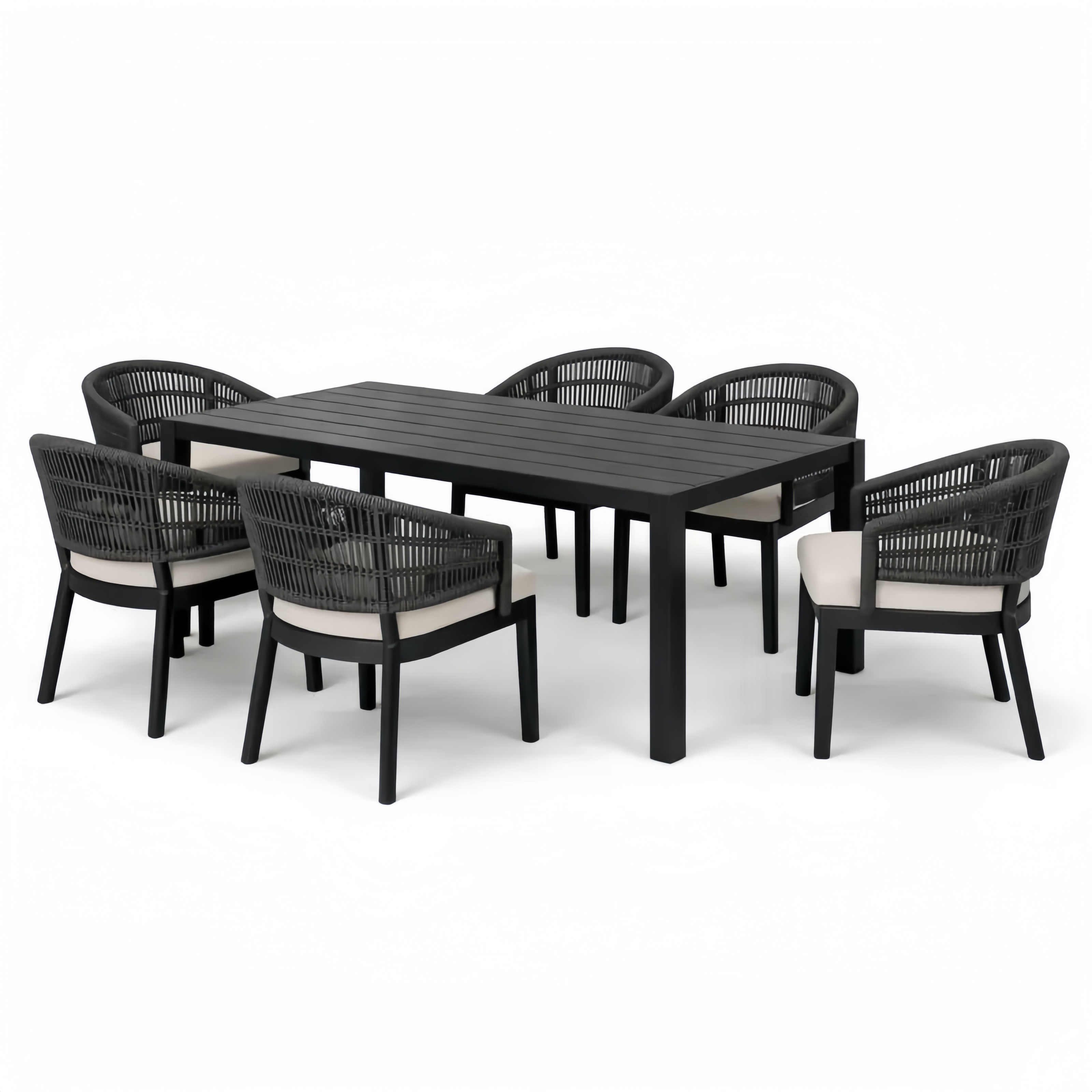 Set da Pranzo da Esterno con Tavolo in Alluminio e Sedie in Rattan con Cuscini