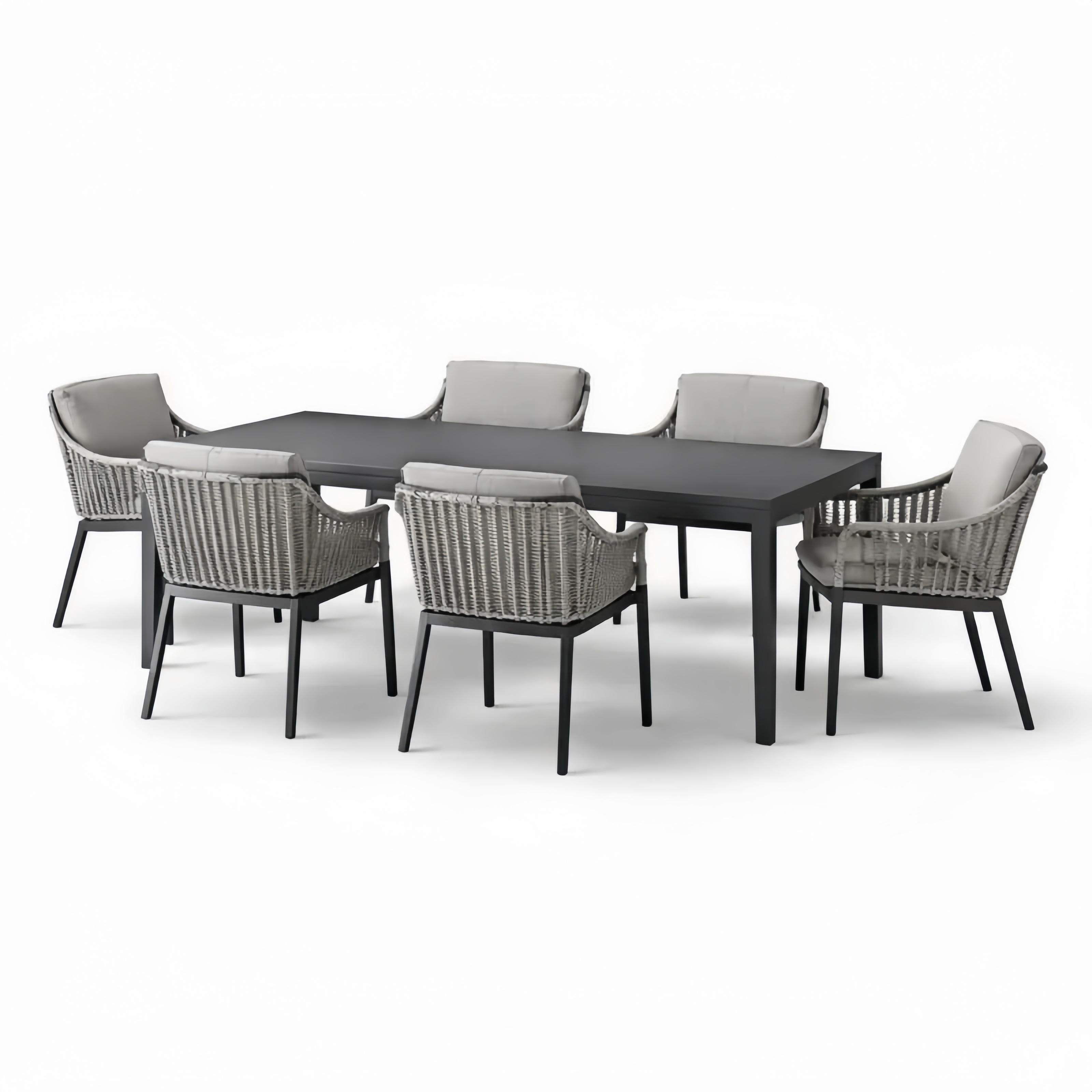 Set Tavolo da Pranzo Rettangolare con Sedie Intrecciate in Alluminio e Tessuto Grigio