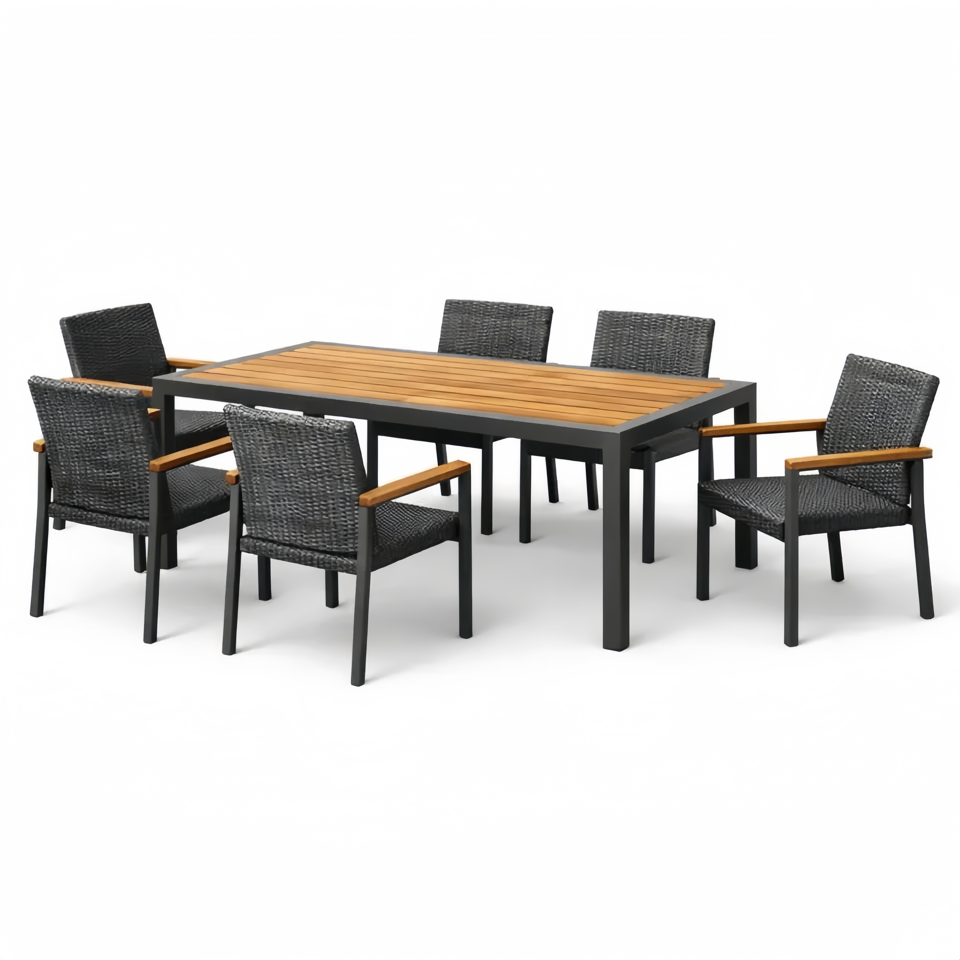 Set da Pranzo da Esterno in Alluminio e Rattan con Braccioli in Legno