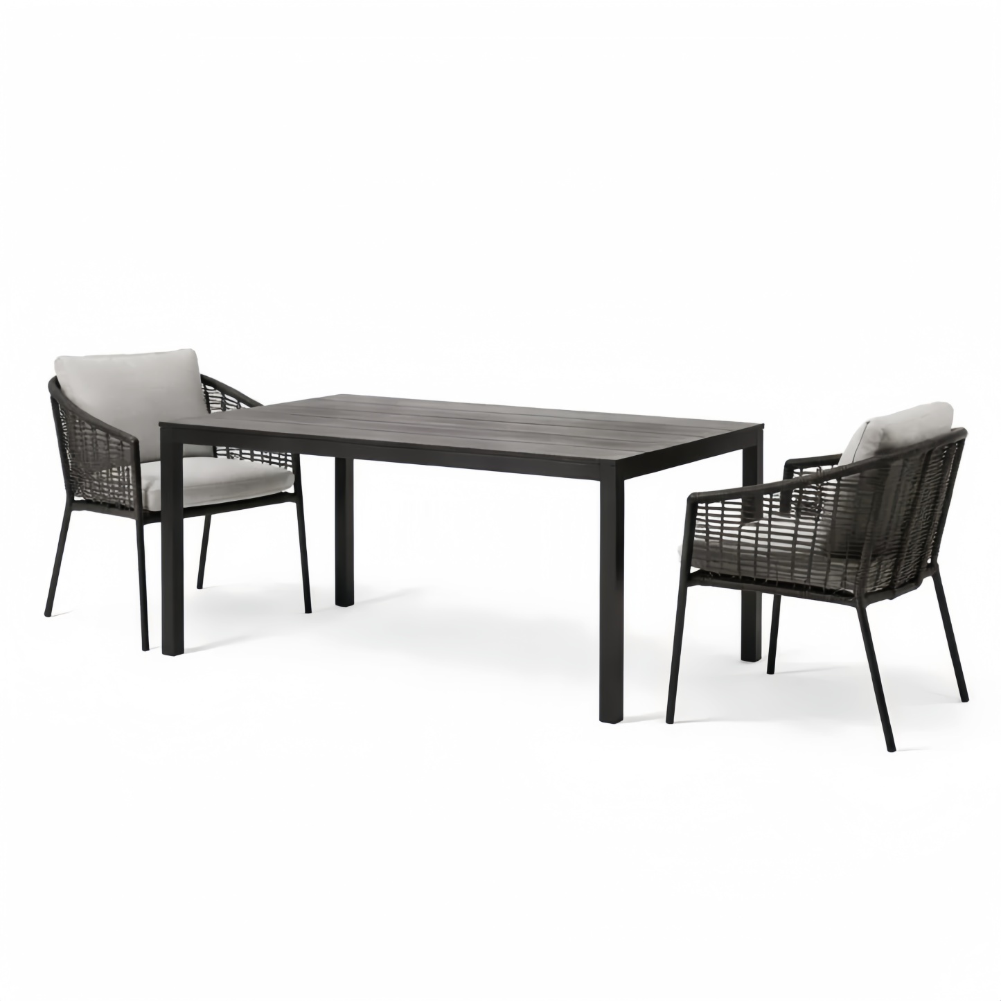 Set mobili da giardino tavolo in alluminio nero con sedie in rattan e cuscini grigi