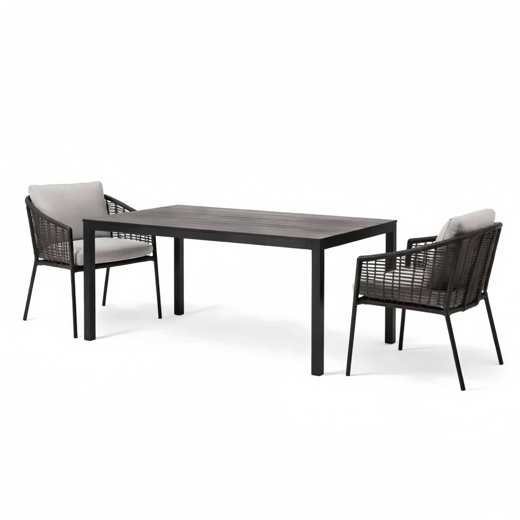 Set mobili da giardino tavolo in alluminio nero con sedie in rattan e cuscini grigi