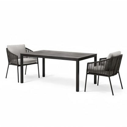 Set mobili da giardino tavolo in alluminio nero con sedie in rattan e cuscini grigi