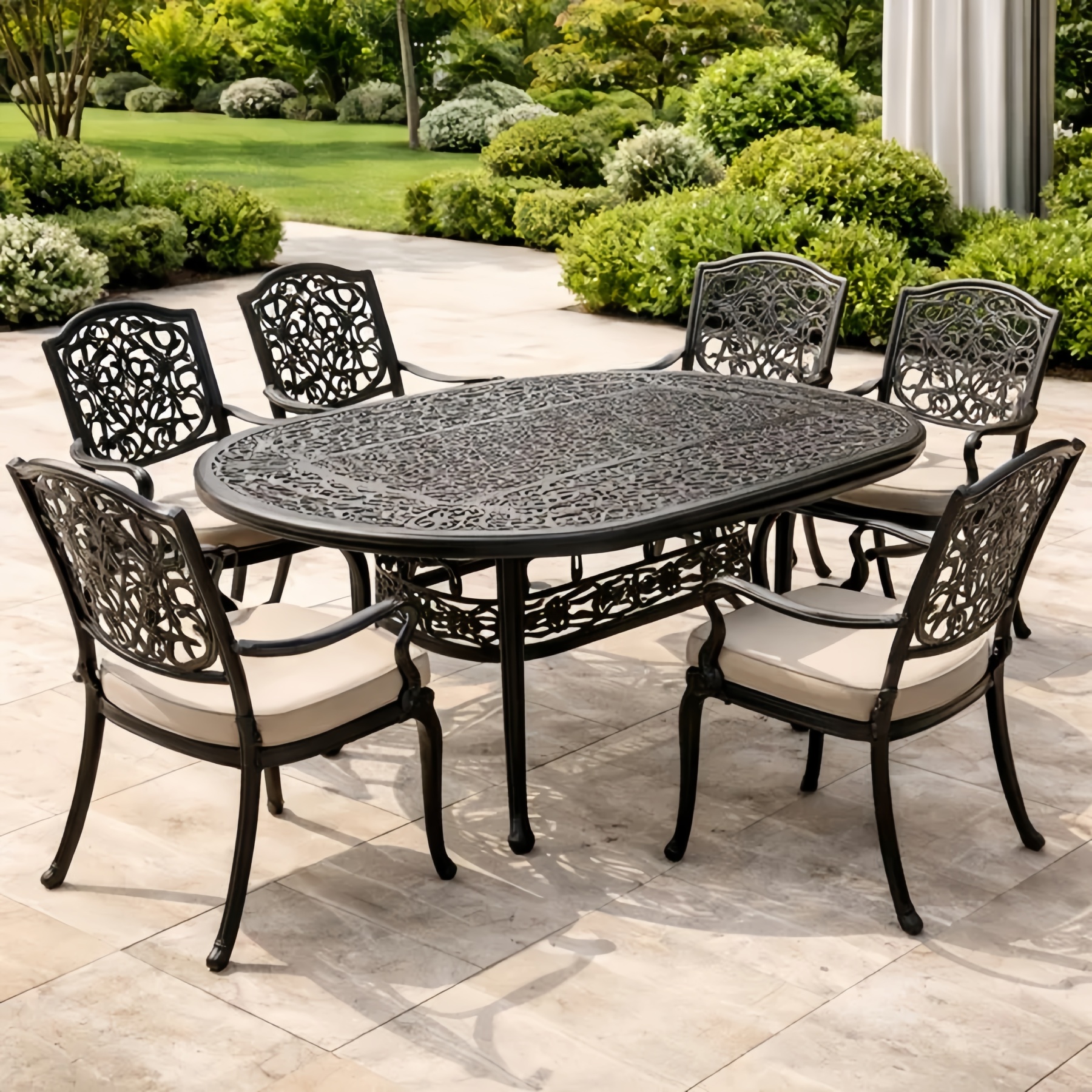 Set da Giardino in Alluminio pressofuso Nero con Tavolo Ovale e 6 Sedie con Cuscini Beige
