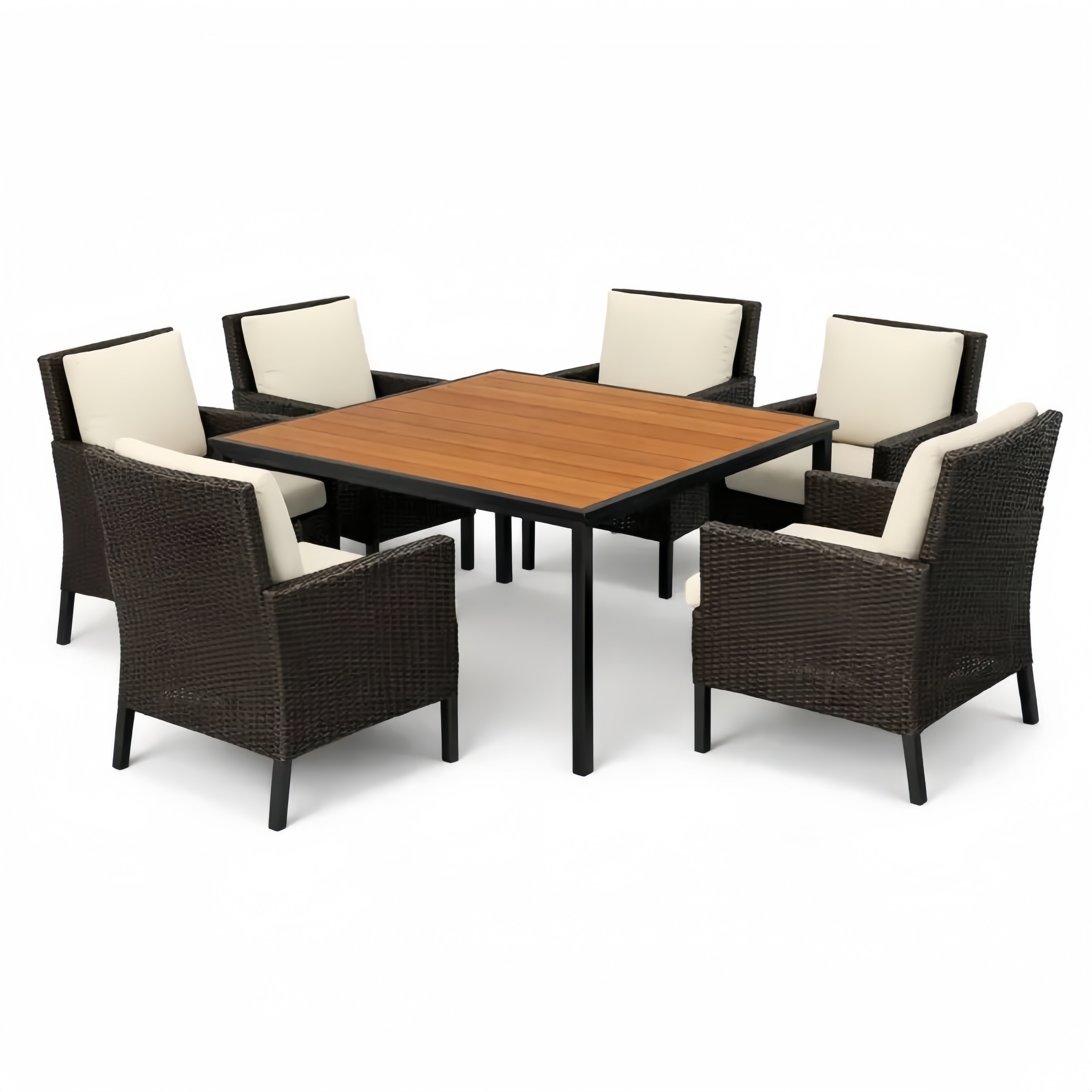 Set da pranzo per esterni 7 pezzi tavolo quadrato in legno e sedie in rattan con cuscini crema