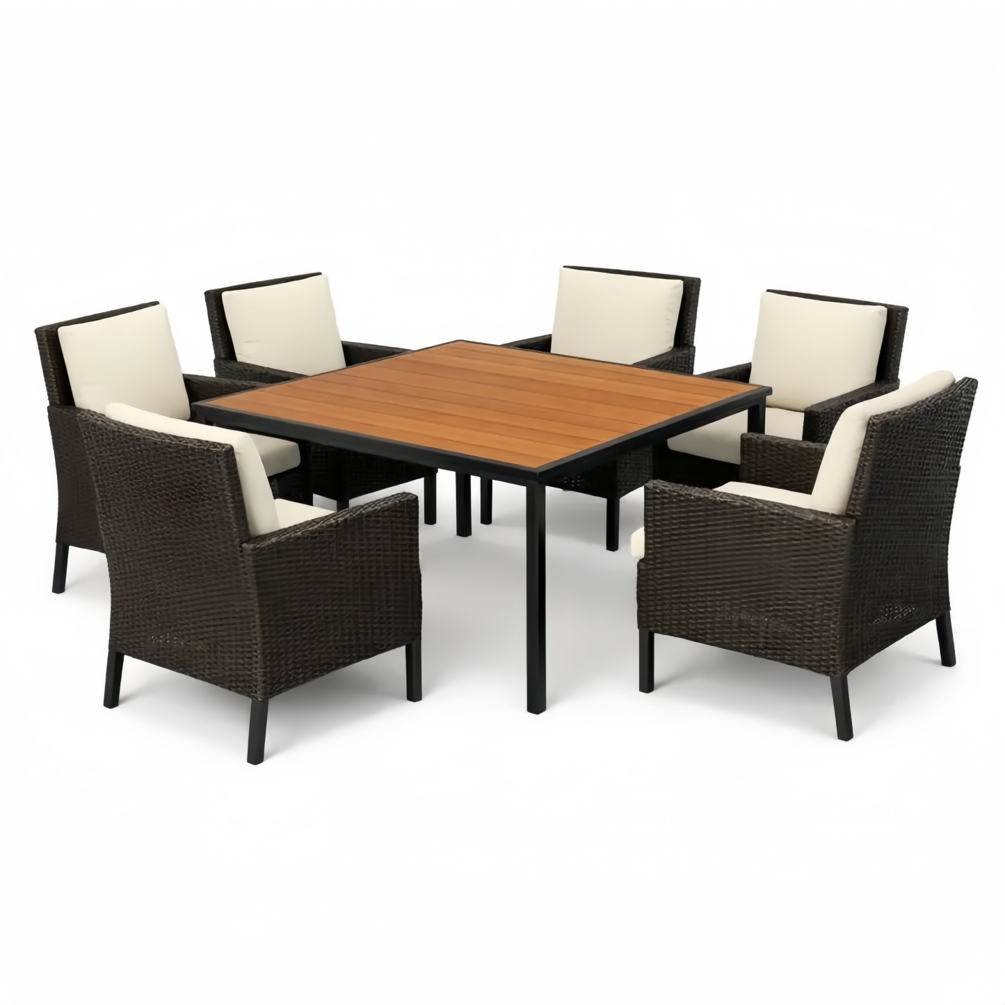 Set da pranzo per esterni 7 pezzi tavolo quadrato in legno e sedie in rattan con cuscini crema