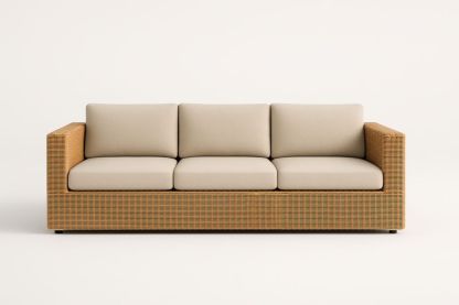 Divano in Rattan a Tre Posti con Cuscini Beige-Casavellor