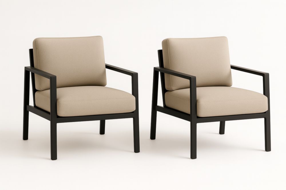 Set di 2 Poltrone in Metallo Nero e Tessuto Beige-Casavellor