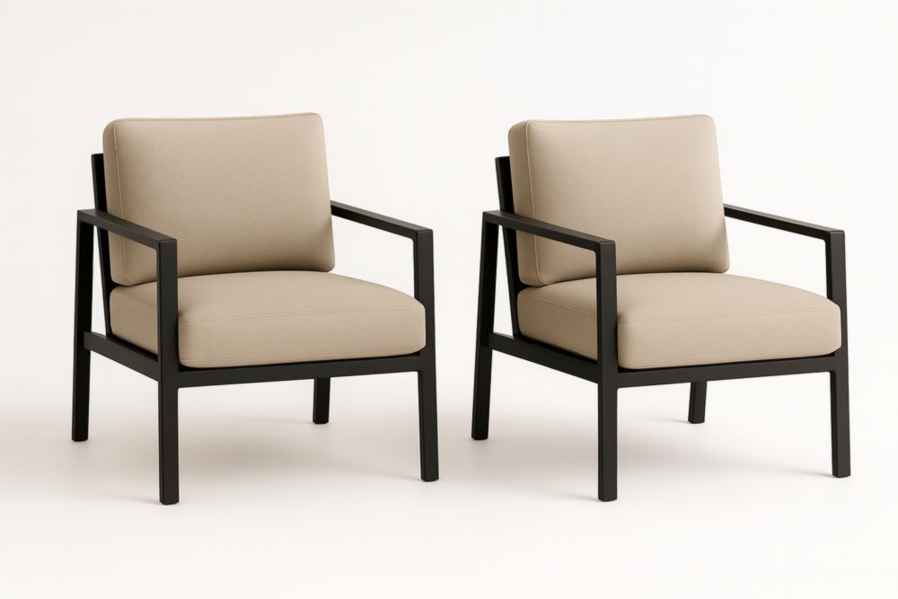 Set di 2 Poltrone in Metallo Nero e Tessuto Beige-Casavellor