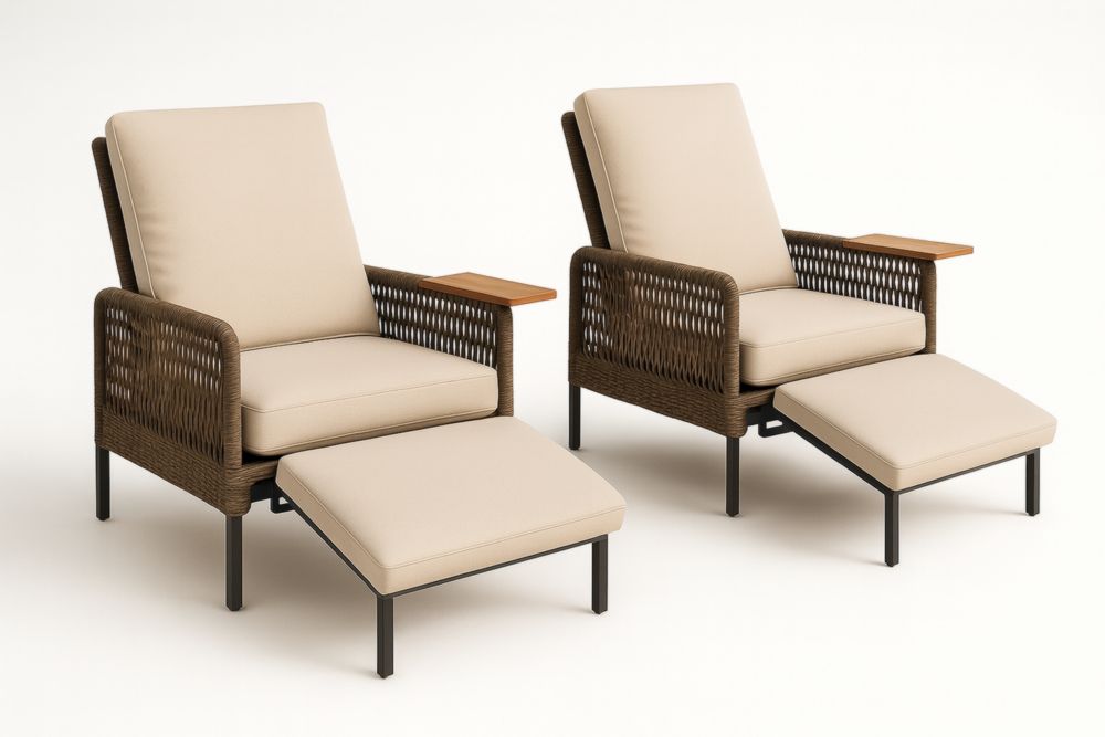 Set di Poltrone da Esterno con Poggiapiedi in Rattan Sintetico e Cuscini Beige-Lightanivo