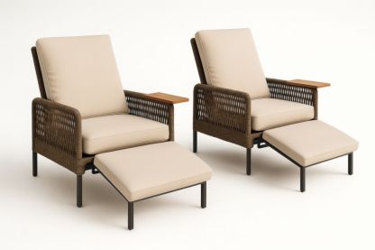 Set di Poltrone da Esterno con Poggiapiedi in Rattan Sintetico e Cuscini Beige-Lightanivo