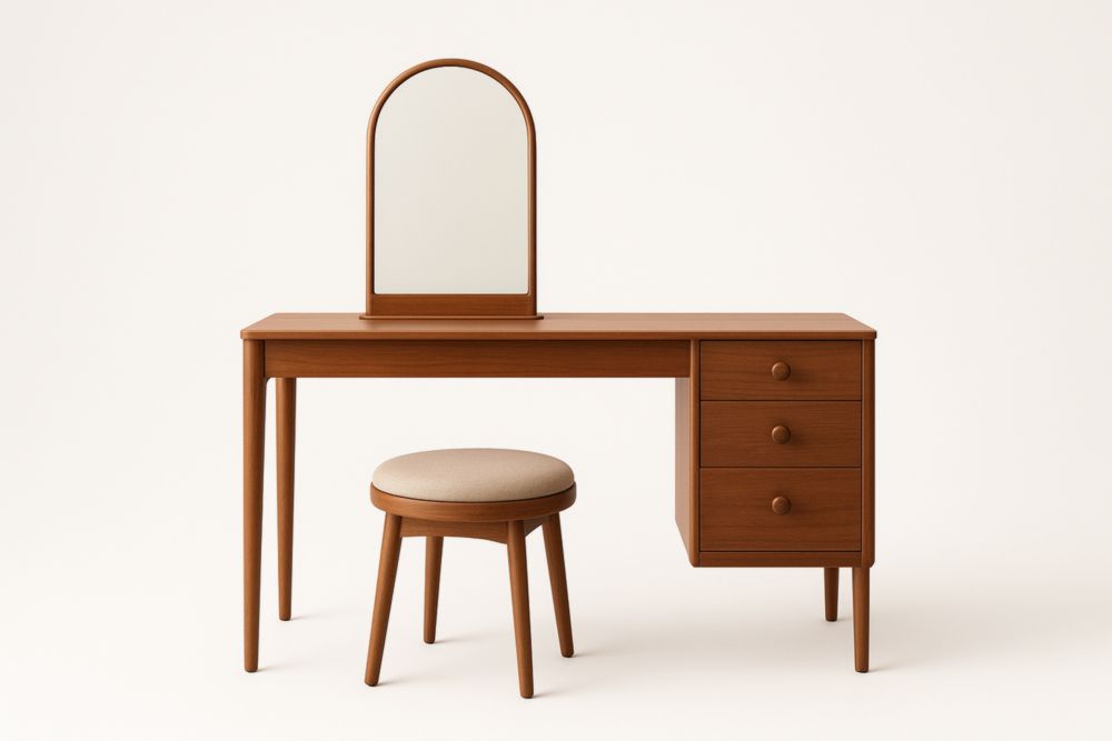 Tavolo da Trucco in Legno con Sgabello e Specchio