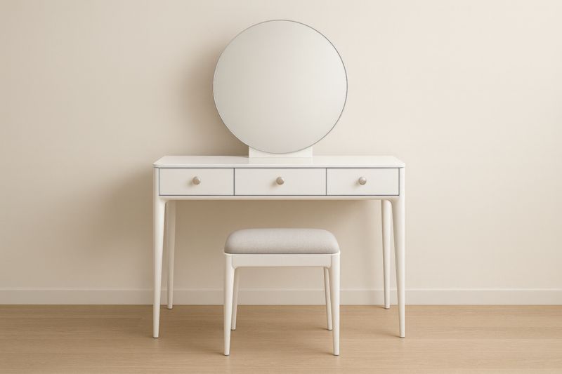 Toletta con Specchio Rotondo e Sgabello in Legno massello 3 Cassetti