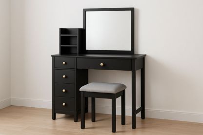 Toeletta in Legno Nero con Specchio e Sgabello