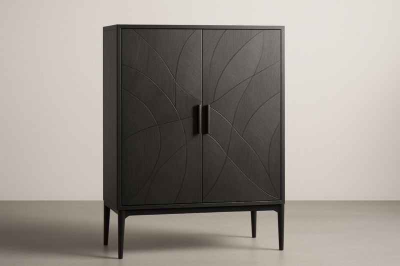 Armadio in Legno Massello Nero con Motivo Decorativo