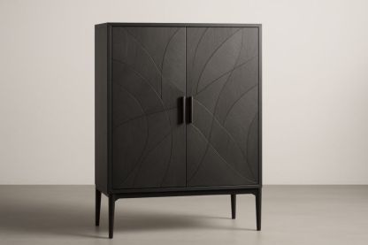 Armadio in Legno Massello Nero con Motivo Decorativo