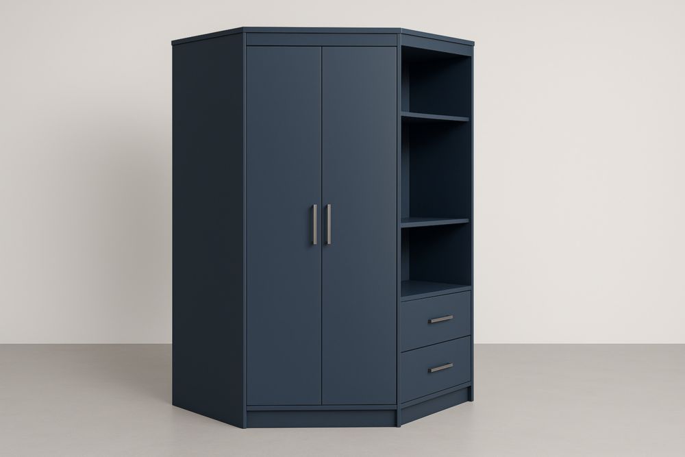 Armadio ad Angolo in MDF Blu con Ripiani e Cassetti