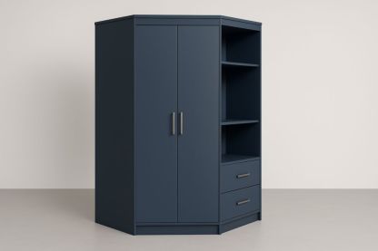 Armadio ad Angolo in MDF Blu con Ripiani e Cassetti