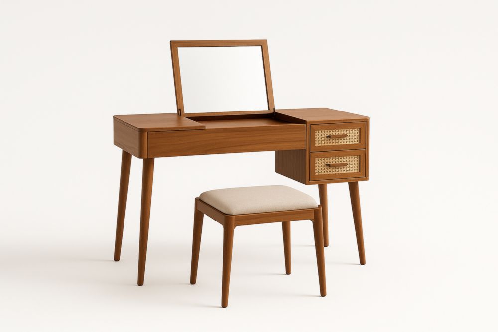 Tavolo da Toeletta in Legno con Specchio e Sgabello in Tessuto Beige