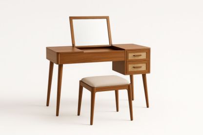 Tavolo da Toeletta in Legno con Specchio e Sgabello in Tessuto Beige