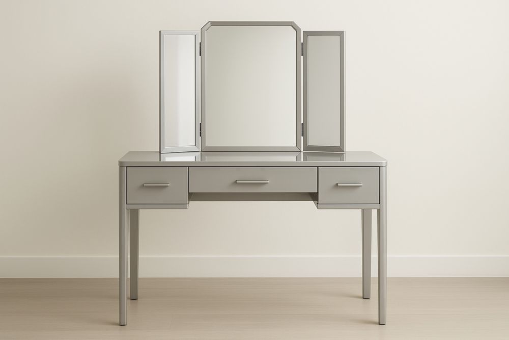 Tavolo da Toeletta in Legno MDF Grigio con Specchio Tre Pannelli e Cassetti