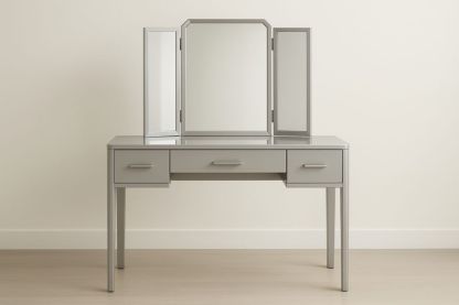 Tavolo da Toeletta in Legno MDF Grigio con Specchio Tre Pannelli e Cassetti