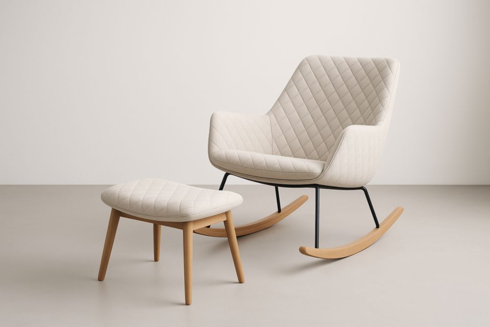 Fauteuil à bascule en tissu polyester beige avec repose-pieds