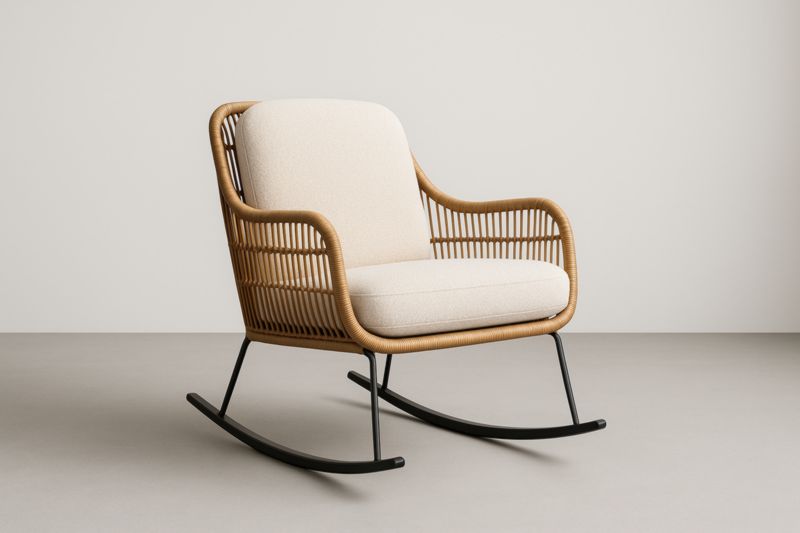 Fauteuil à bascule en rotin et tissu beige