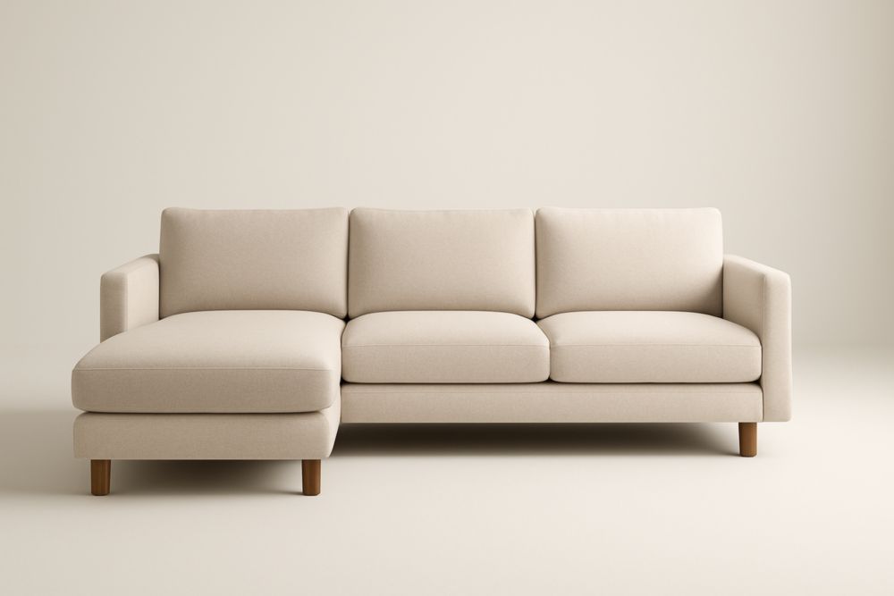 Canapé d'angle en tissu beige avec pieds en bois