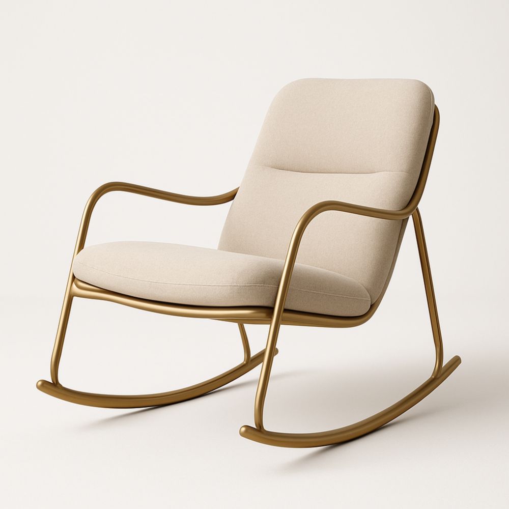 Fauteuil à bascule tissu polyester beige cadre métal doré