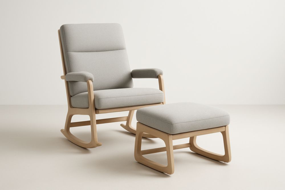 Fauteuil à bascule en hêtre avec repose-pieds, revêtement polyester – 87×57×100 cm